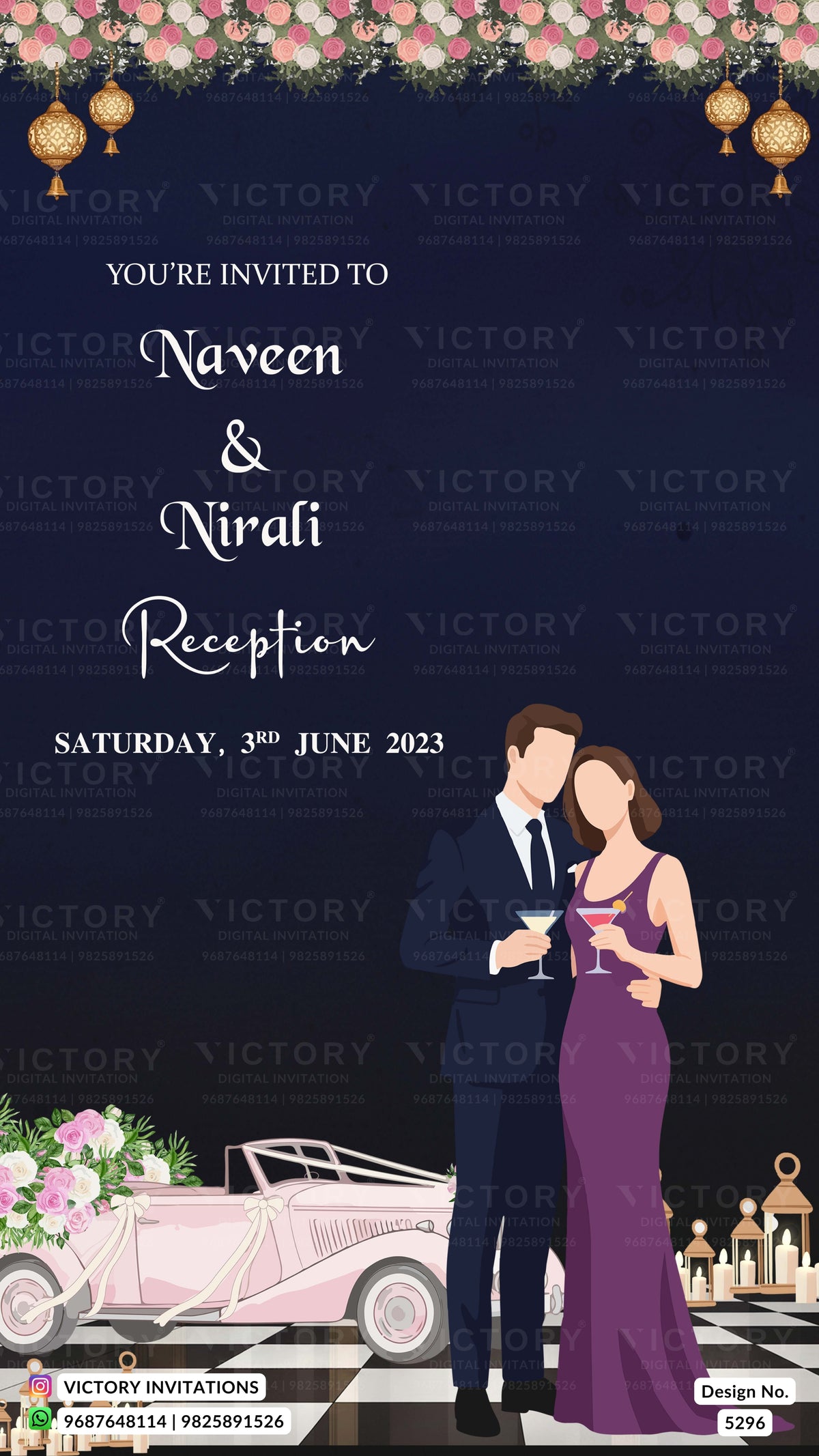 A digital invitation card design for a reception event, featuring a dark navy blue background with elegant white text reading 'YOU'RE INVITED TO Naveen & Nirali Reception'. The top is decorated with pink and white flowers and hanging gold lanterns, while the bottom features an illustration of a man in a navy suit and a woman in a purple gown standing next to a pink vintage convertible car.