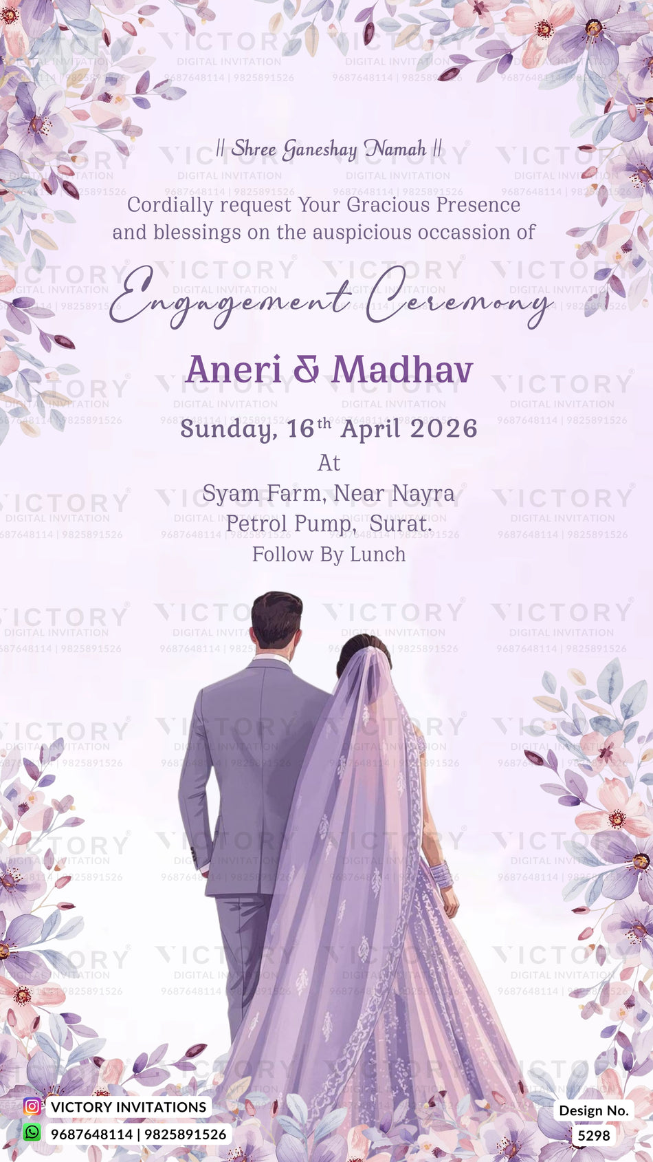 A digital preview of a wedding invitation card featuring a couple from behind in a lavender wedding dress and grey suit, walking together. The card is framed by delicate purple and pink floral borders on a light lavender background with watermarks.