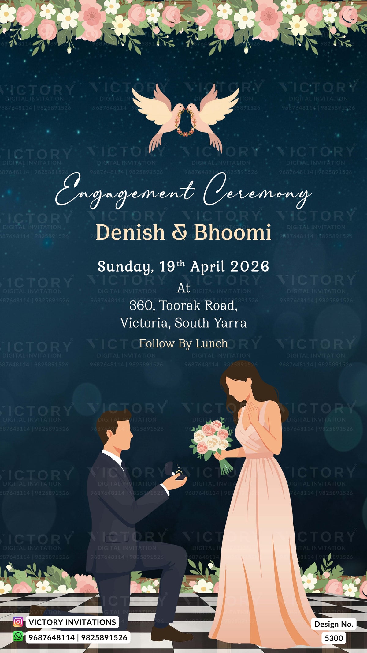 Engagement ceremony invitation card design with floral garlands, two birds, and an illustration of a man kneeling and proposing to a woman in a peach dress. Text includes the event details 'Denish & Bhoomi' and the date Sunday, 19th April 2026.