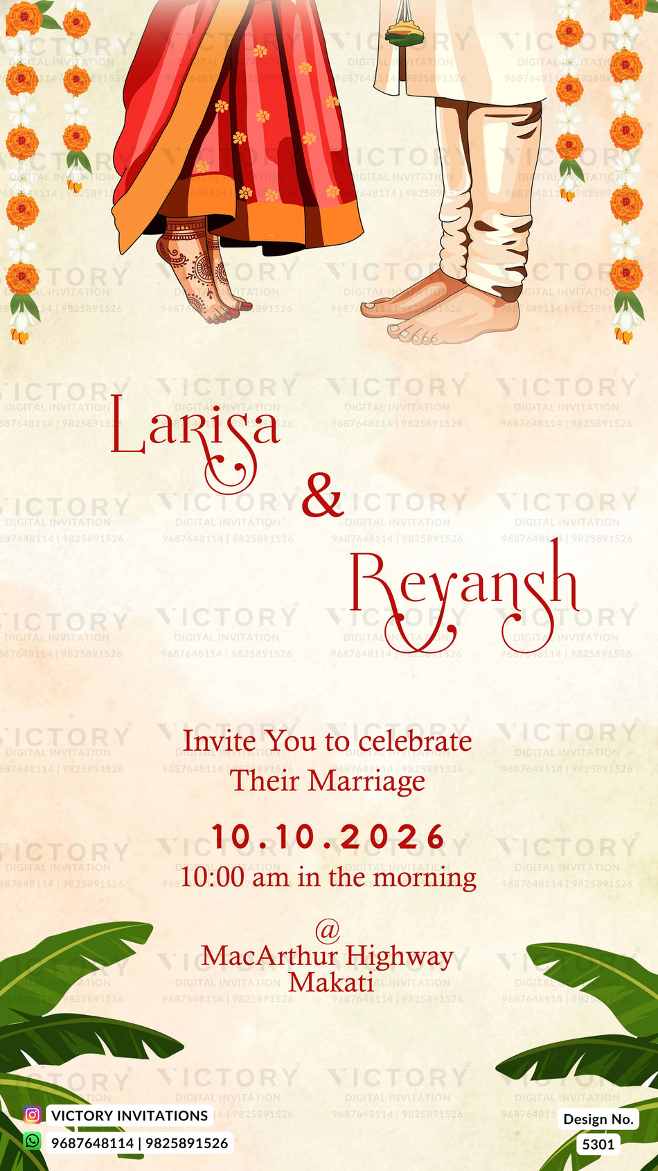 A digital Indian wedding invitation card design featuring an illustration of a bride and groom's feet, with red and orange traditional clothing, orange marigold flowers, and green palm leaves on a textured cream background. The text reads 'Larisa & Reyansh' and details the wedding date and venue.