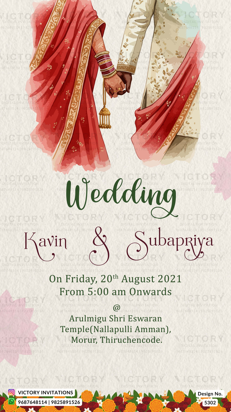 A wedding invitation card design featuring an illustration of a couple holding hands, with red and cream traditional garments and gold details. The text reads 'Wedding' followed by the names 'Kavin & Subapriya' and event details, with 'Victory Invitations' branding at the bottom.