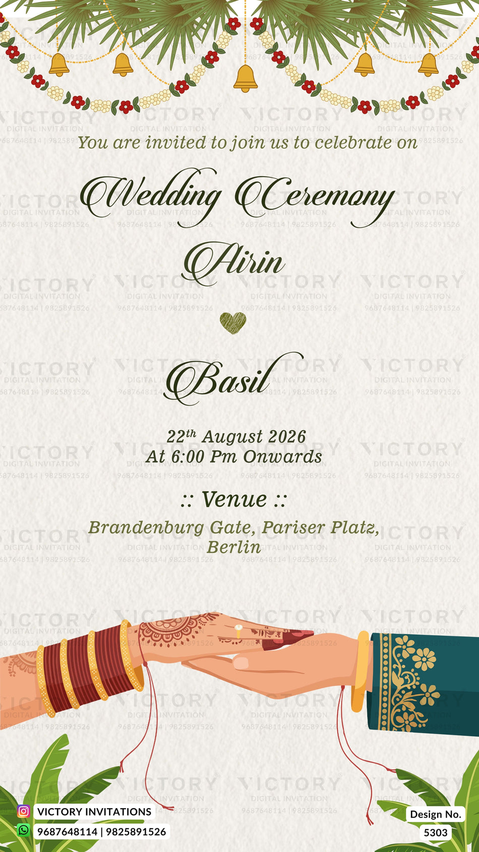 Wedding ceremony invitation card of hindu indian family in english language with Traditional Sacred Hand Join theme design 5303
