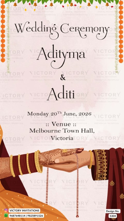 Wedding ceremony invitation card of hindu south indian Kannada family in english language with Traditional Floral Hasti Milap theme design 5304