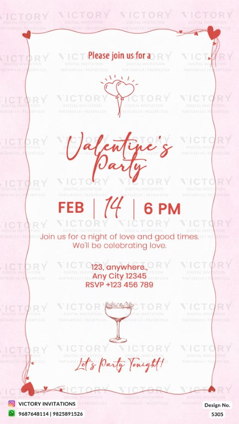 Valentine's Party invitation card in english language with minimal heart theme design 5305
