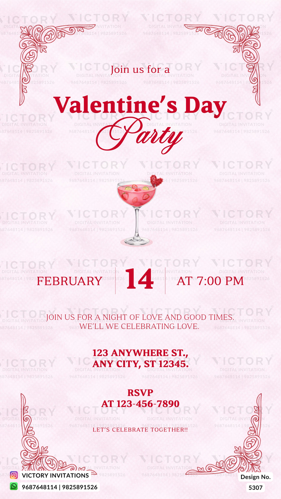 Valentine's Day Party invitation card in english language with pink cocktail theme design 5307
