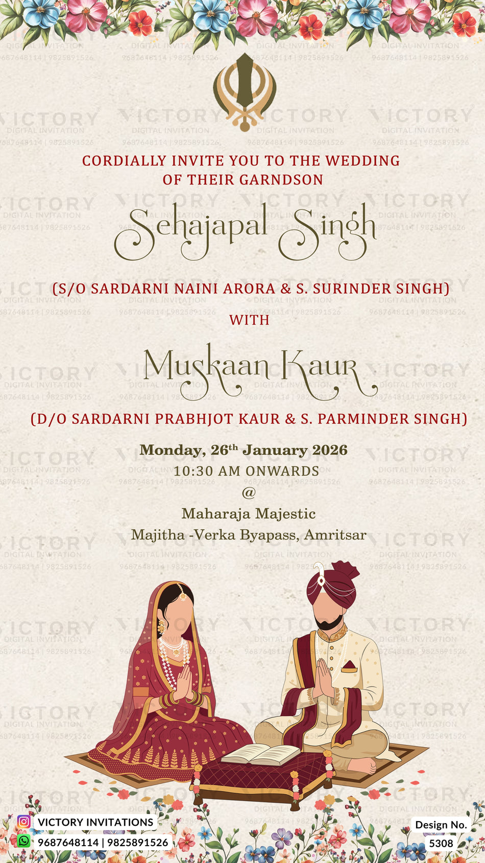 A wedding invitation card design with floral borders at the top and bottom, a gold wedding symbol in the upper center, and printed event text in red and black on a warm cream background. At the bottom, there are illustrated figures in traditional Indian wedding attire seated on a floor mat.