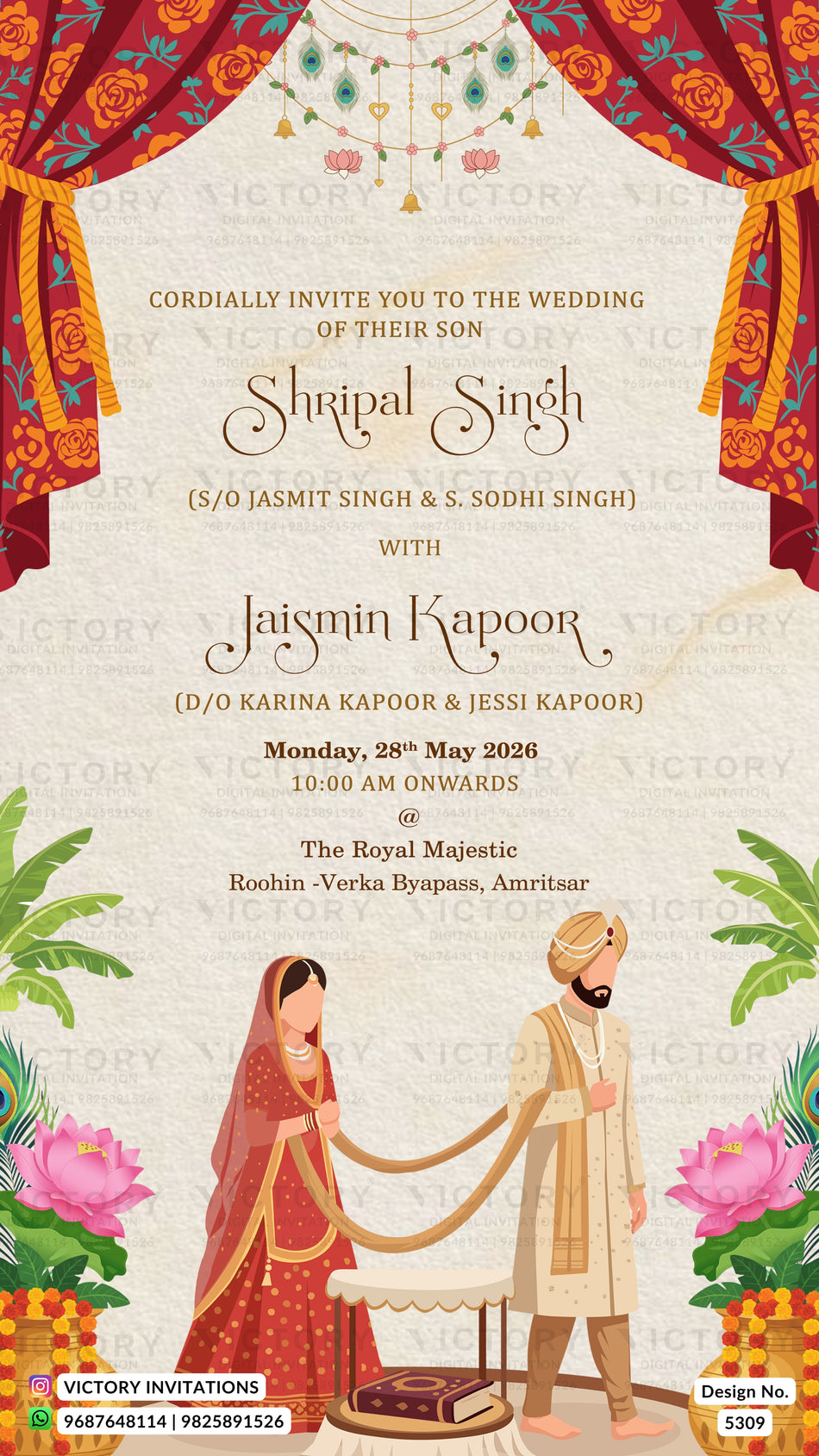 A digital Indian wedding invitation card featuring a traditional design with red curtains, hanging ornaments, floral borders, and an illustration of a bride and groom holding hands. The text details the wedding of Shripal Singh with Jaismin Kapoor.