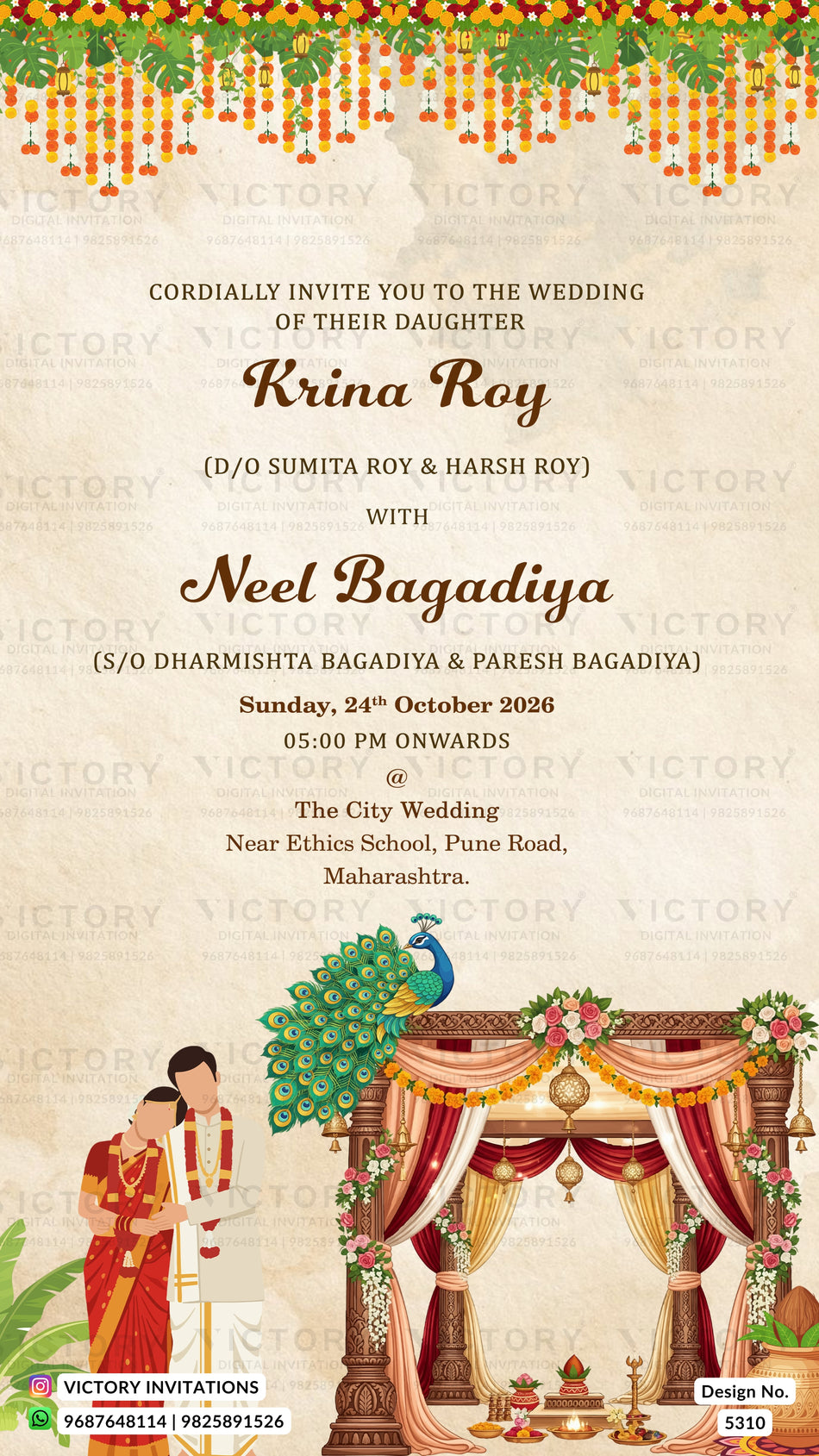 A digital wedding invitation card for the daughter of Krina Roy, featuring a traditional Indian theme with a decorated arch illustration, a peacock, and a couple in traditional attire on a textured beige background.