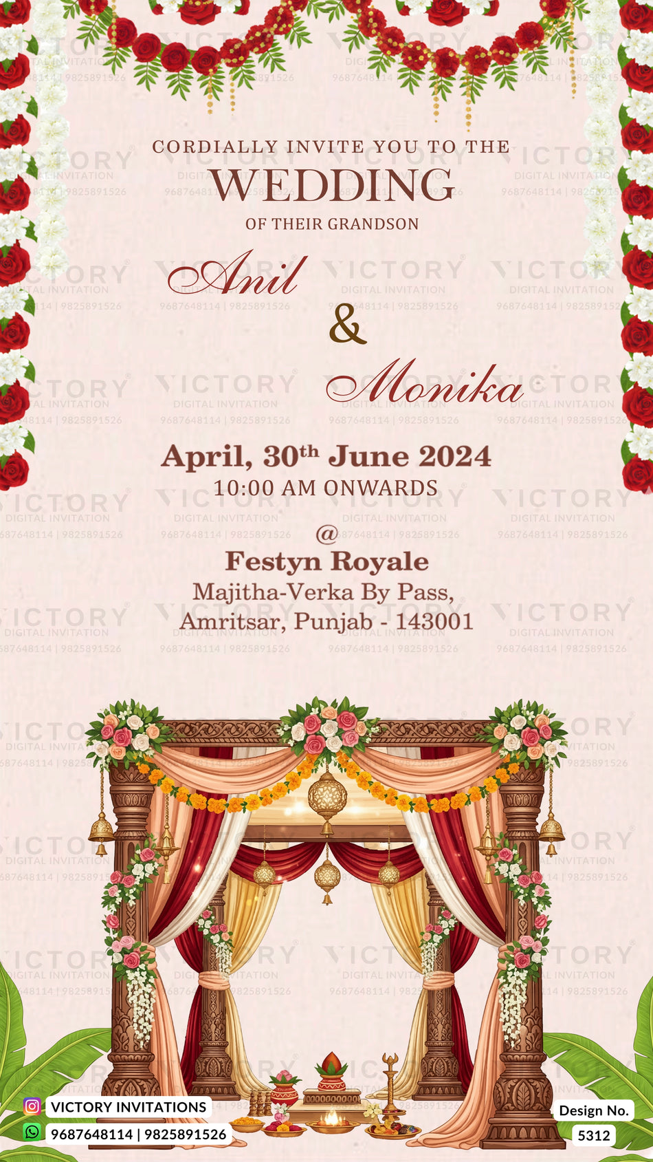 A wedding invitation card design for a grandson's wedding, featuring elegant typography, floral garlands, and a decorated wedding arch illustration at the bottom. The card has a light pink background with red and gold decorative elements.
