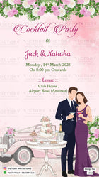 A digital invitation card design for a cocktail party featuring a pink and white floral theme, with an illustration of a couple, a vintage car, and a tiered wedding cake. The text reads 'Cocktail Party of Jack & Natasha' with event details on Monday, 14th March 2025 at 8:00 pm at Club House, Airport Road (Amritsar).