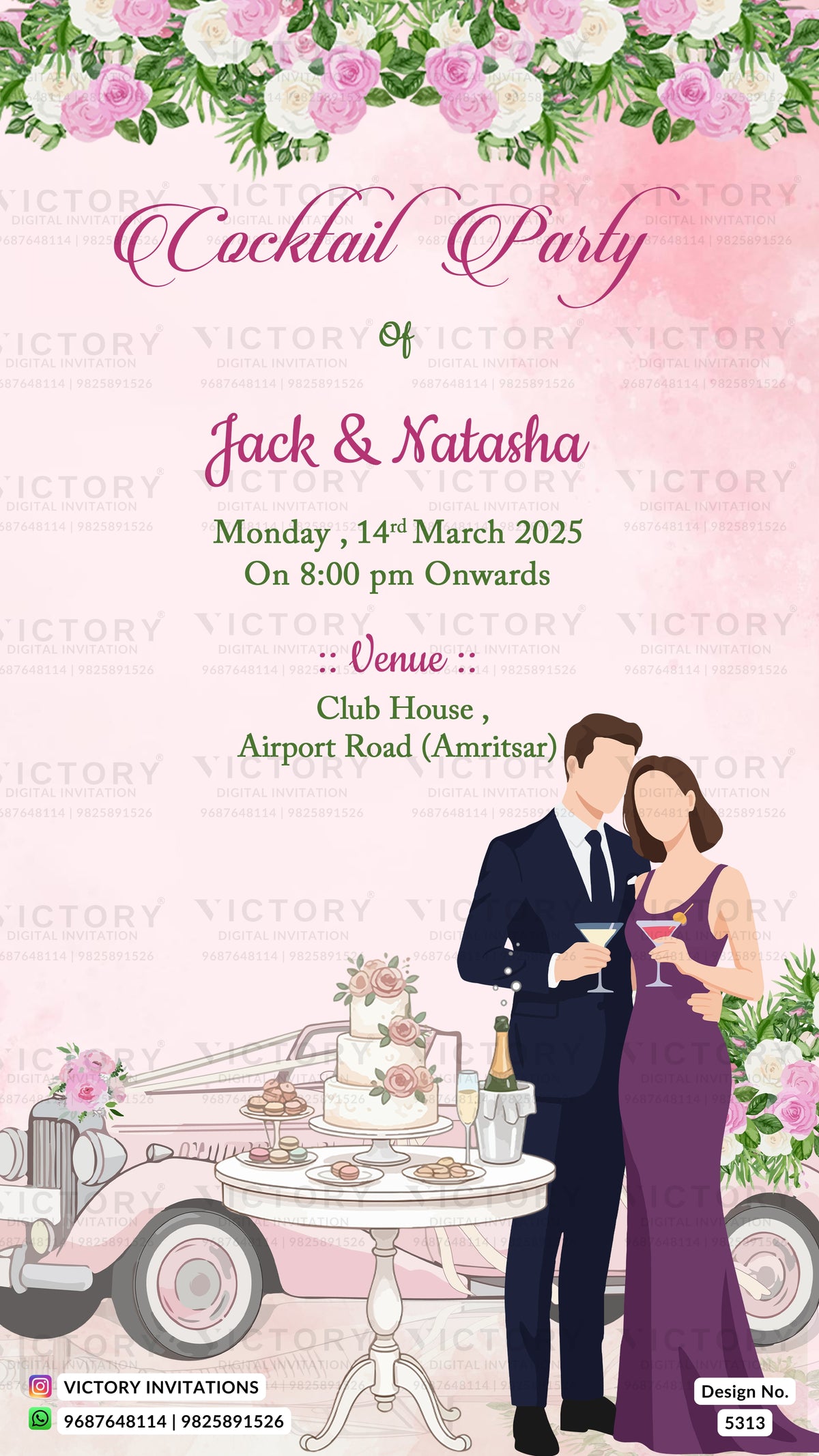 A digital invitation card design for a cocktail party featuring a pink and white floral theme, with an illustration of a couple, a vintage car, and a tiered wedding cake. The text reads 'Cocktail Party of Jack & Natasha' with event details on Monday, 14th March 2025 at 8:00 pm at Club House, Airport Road (Amritsar).