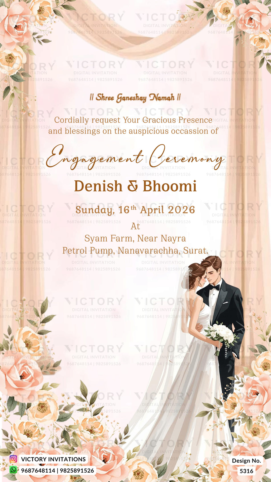 Engagement ceremony invitation card featuring a soft pink and beige floral border, elegant typography, and a small illustration of a bride and groom at the bottom right.