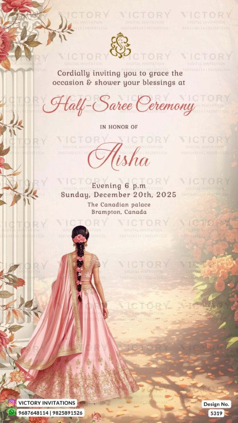 Half-Saree Ceremony invitation card in english language with floral garden theme design 5319