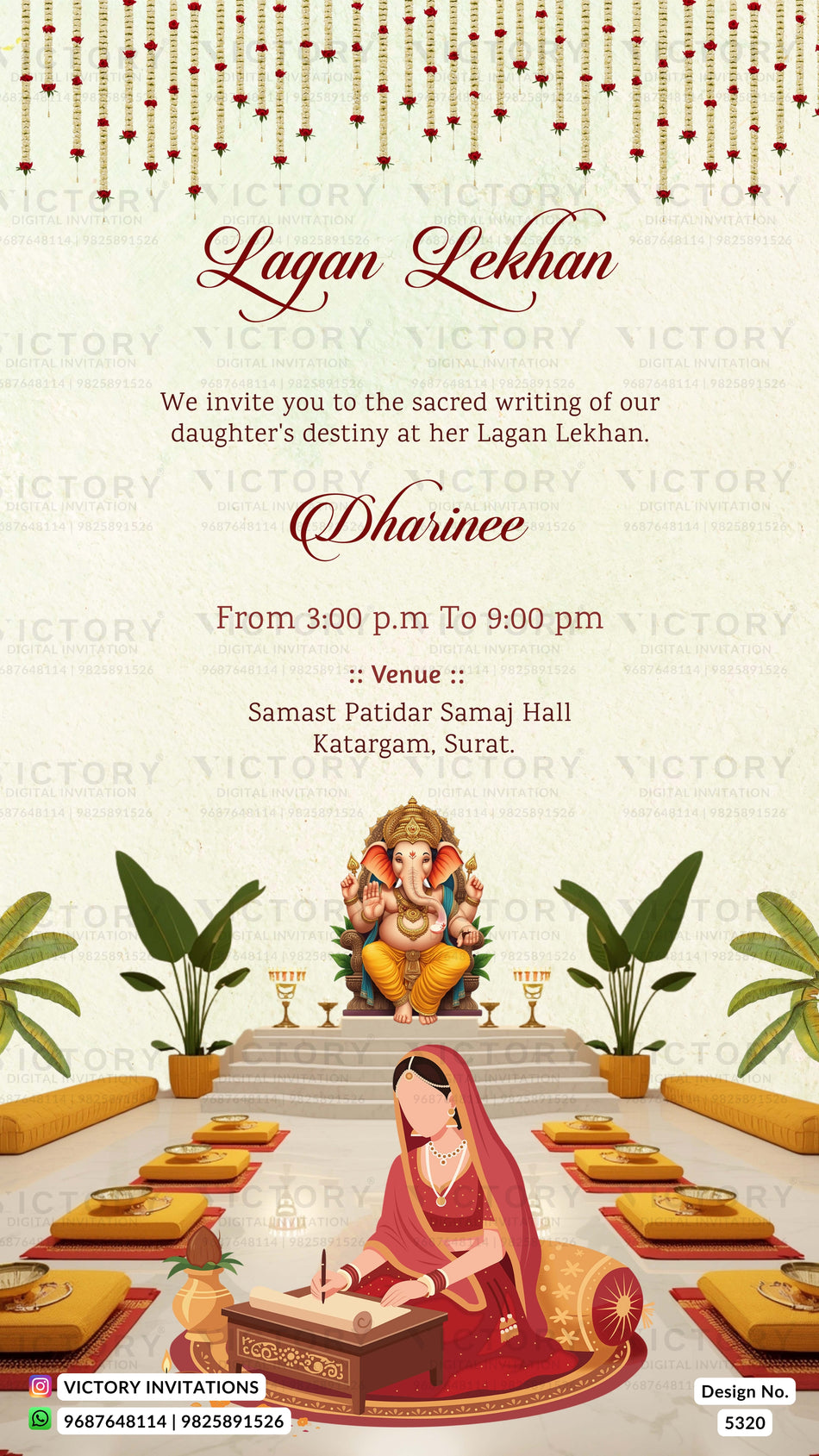 A Ganesha-themed Lagan Lekhan invitation card for a daughter's wedding. The card features a cream background with a decorative garland at the top, elegant red text for 'Lagan Lekhan' and 'Dharinee', and a detailed illustration at the bottom depicting a woman writing on a manuscript with Ganesha seated on steps above her.
