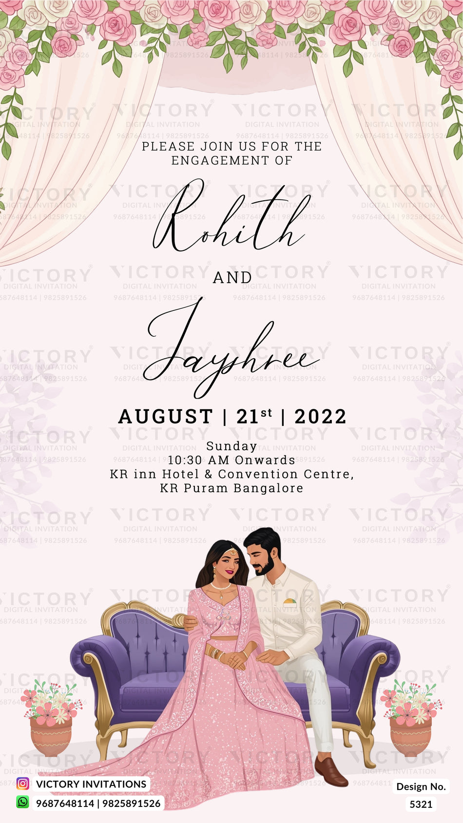 Engagement invitation card for Rohith and Jayhree, featuring a pink and white floral theme with a cartoon illustration of a couple sitting on a purple sofa. The text details the wedding date, time, and location at KR Inn Hotel & Convention Centre, KR Puram Bangalore.