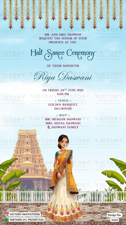 Half Saree Ceremony invitation card in english language with traditional temple theme design 5323