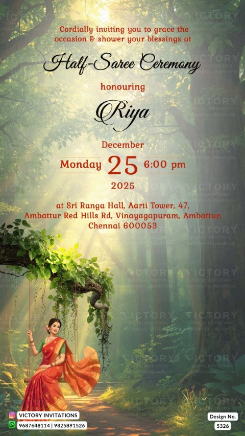 Half-Saree Ceremony invitation card in english language with enchanted forest theme design 5326
