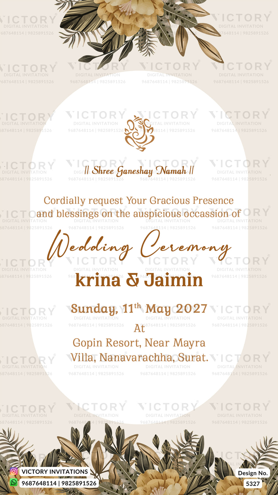A wedding invitation card design with a cream background, a large white oval center, gold floral illustrations at the top and bottom, and elegant gold text reading 'Wedding Ceremony' and event details. The card includes repeated 'VICTORY INVITATIONS' watermarks across the design.