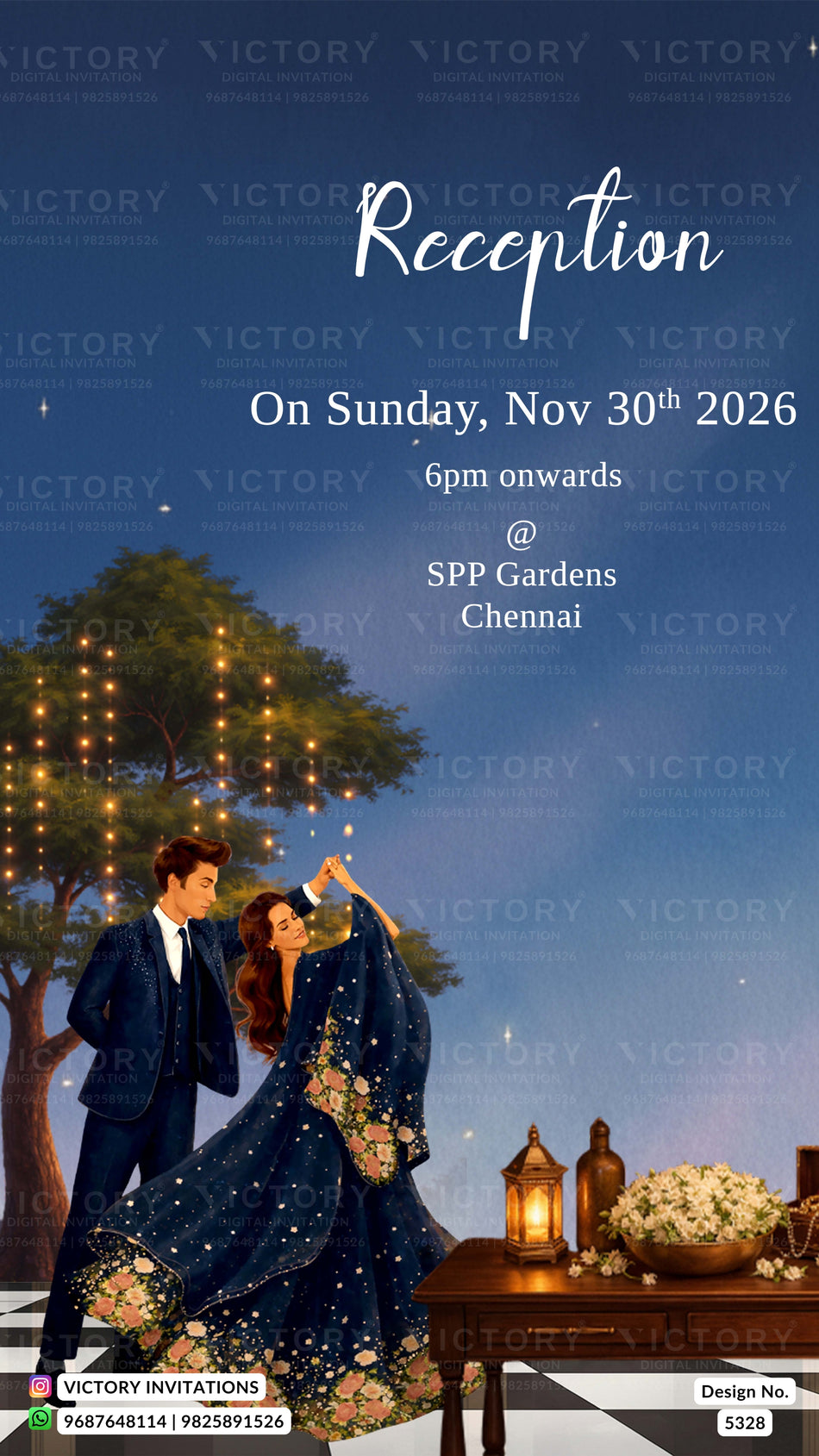 A wedding reception invitation card featuring an illustration of a man and woman dancing under a starry night sky, with event details for Sunday, Nov 30th 2026 at 6pm onwards at SPP Gardens, Chennai. The design includes decorative lanterns and flowers on a table in the foreground.