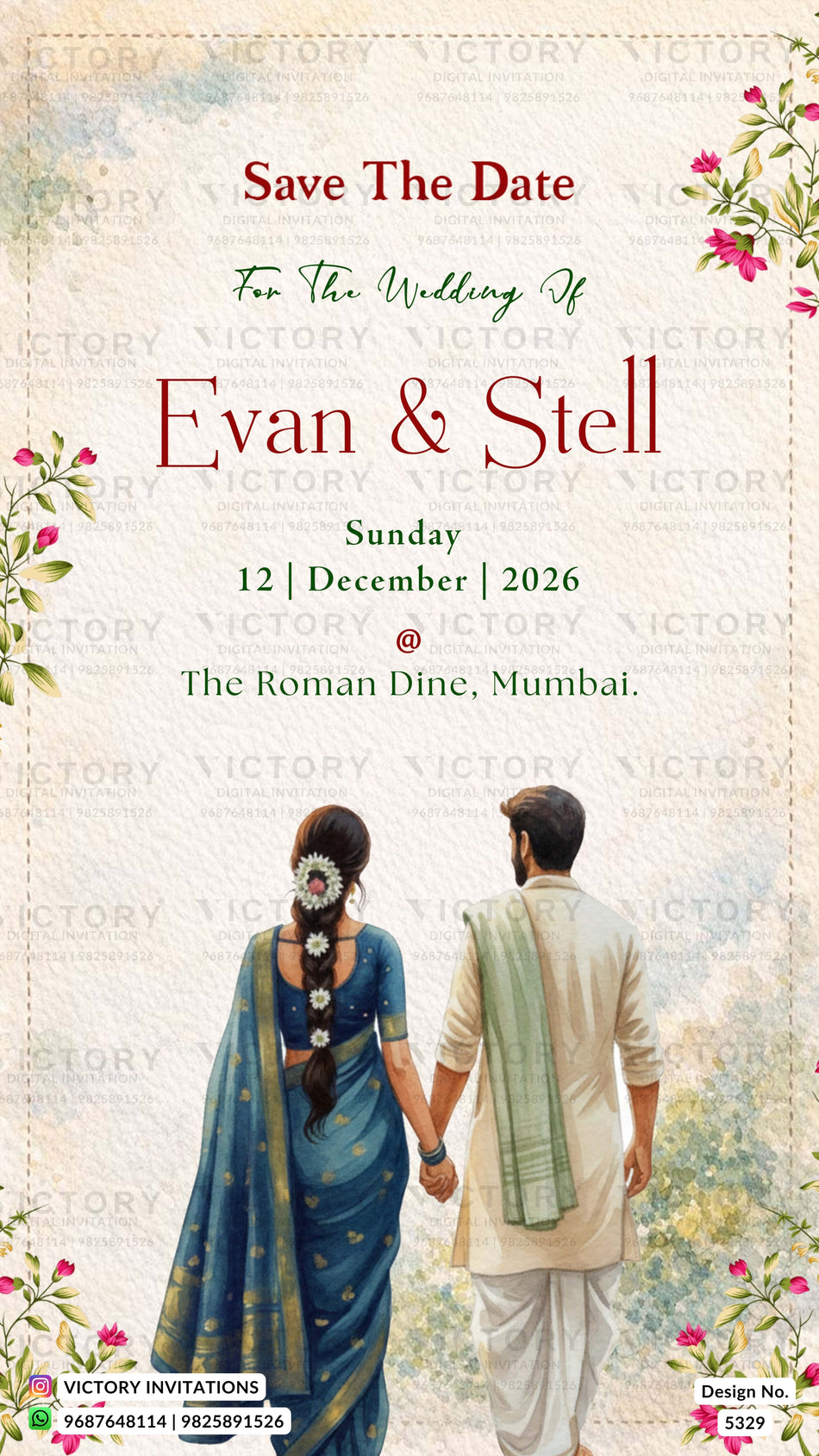 Wedding save-the-date invitation card design featuring a couple holding hands from behind, with floral corner accents and elegant text reading 'Save The Date For The Wedding Of Evan & Stell Sunday 12 | December | 2026 The Roman Dine, Mumbai.'.
