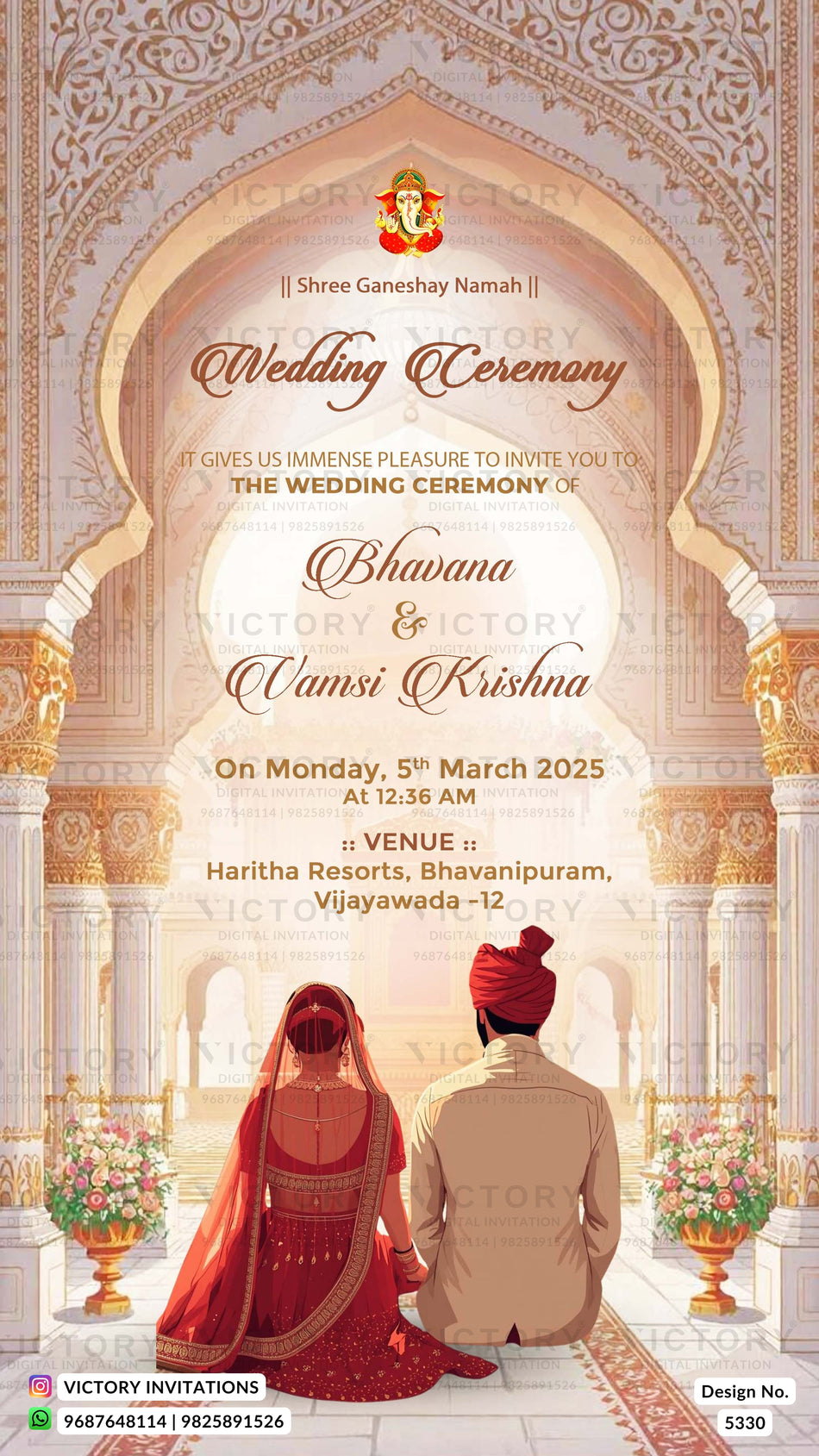A wedding invitation card featuring an ornate golden archway illustration with a bride and groom seated in the foreground. The text reads 'Wedding Ceremony' and includes names Bhavana & Vamsi Krishna, along with event details and a Victory Invitations logo at the bottom.