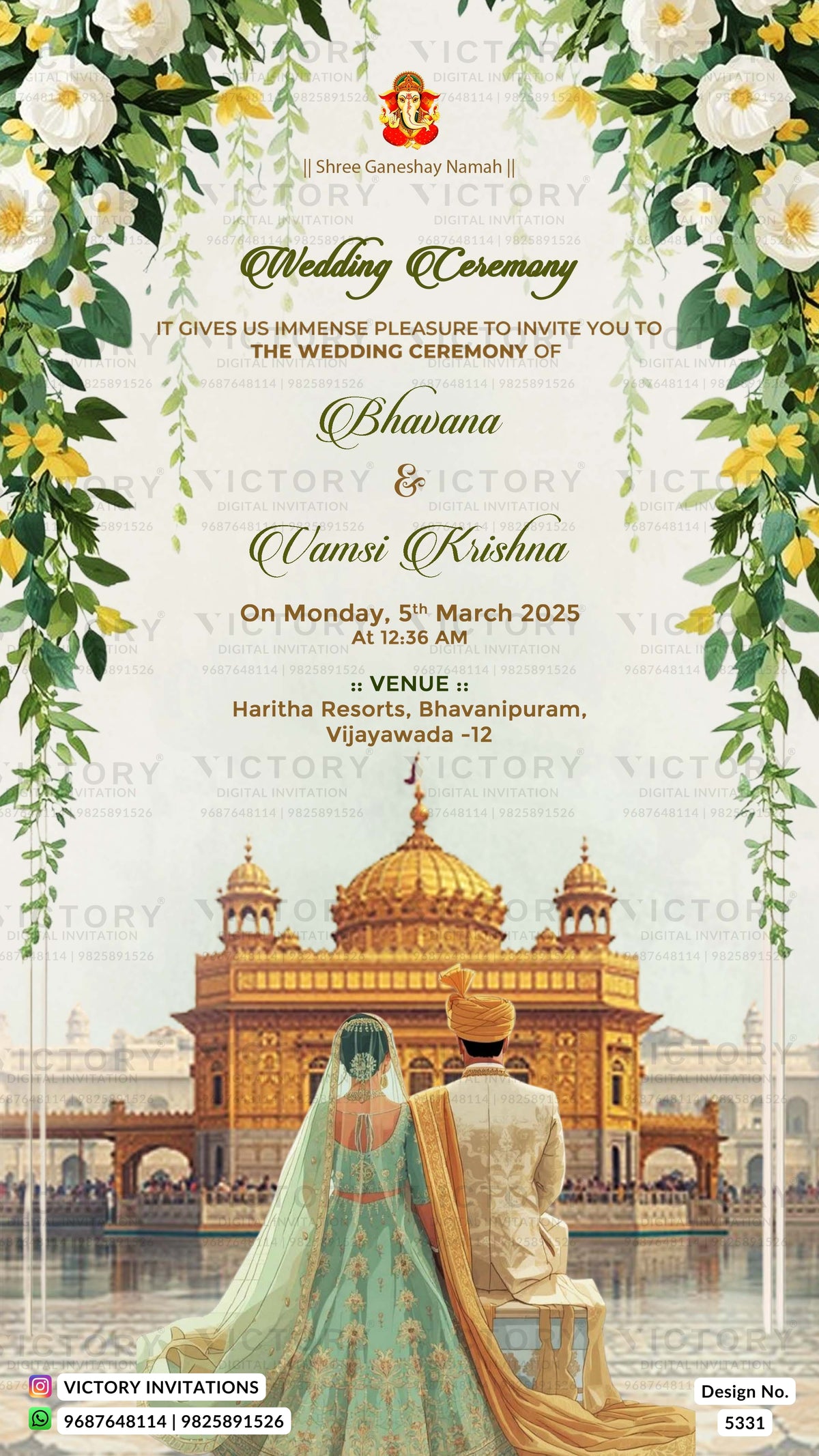 A wedding invitation card featuring a golden temple in the background, a couple seen from behind in traditional wedding attire, and white flowers with green leaves framing the top and sides. The text reads 'Wedding Ceremony' and includes names Bhavana & Umni Krishna, along with venue and date details.