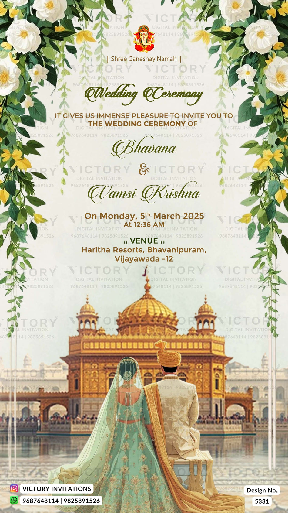 A wedding invitation card featuring a golden temple in the background, a couple seen from behind in traditional wedding attire, and white flowers with green leaves framing the top and sides. The text reads 'Wedding Ceremony' and includes names Bhavana & Umni Krishna, along with venue and date details.