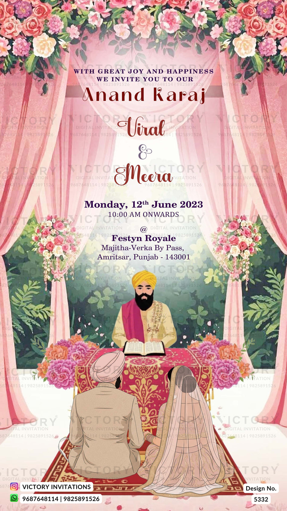 A festive wedding invitation card design featuring a traditional Indian wedding scene with pink draped curtains, floral garlands, and a decorated altar. The text reads 'With great joy and happiness we invite you to our Anand Karaj Viral & Meera' with event details below.