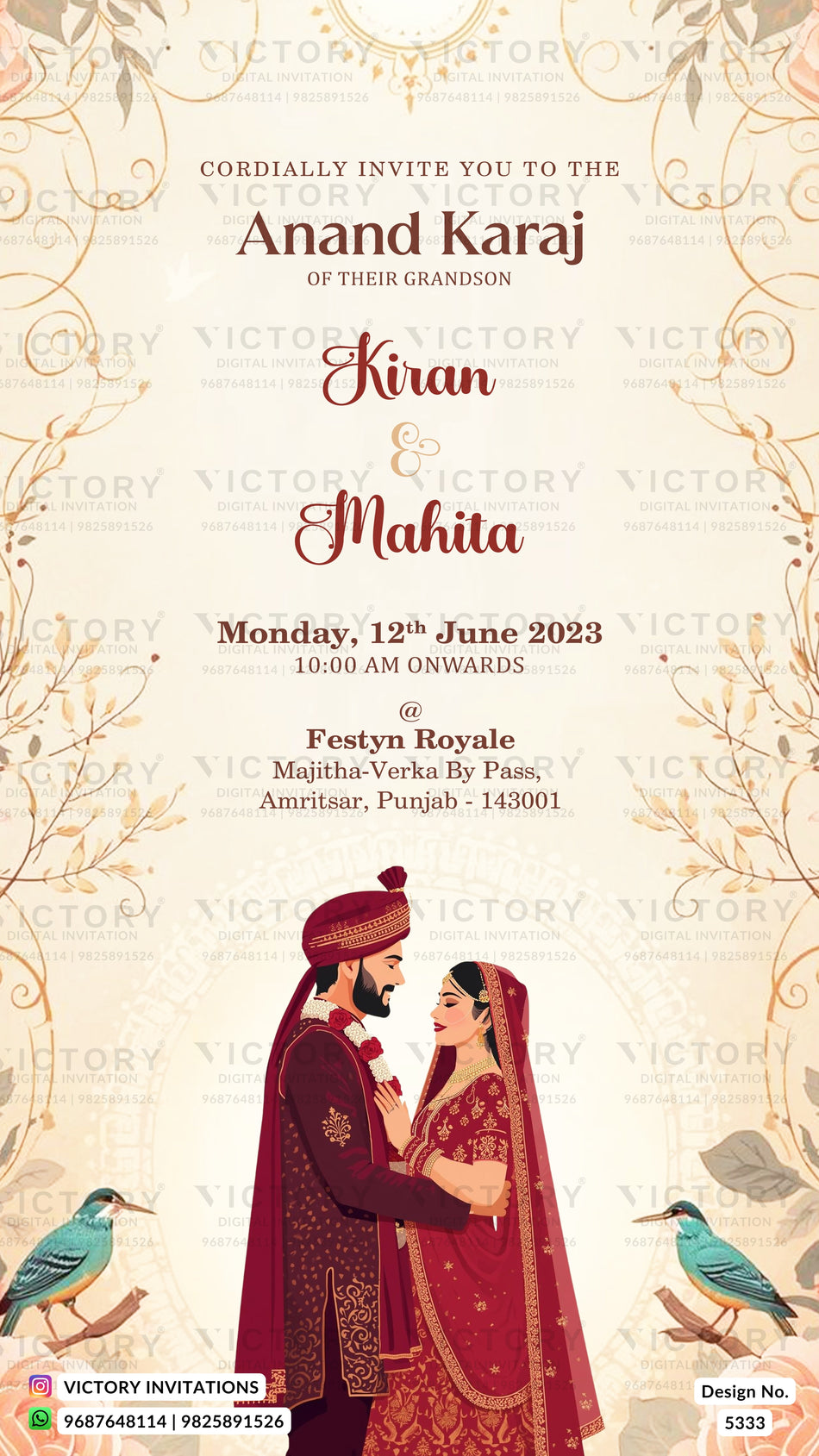 A wedding invitation card design with elegant cream and gold ornamental borders, featuring a couple in traditional Indian wedding attire at the bottom, along with bird illustrations and text details for Anand Karaj Kiran & Mahita.