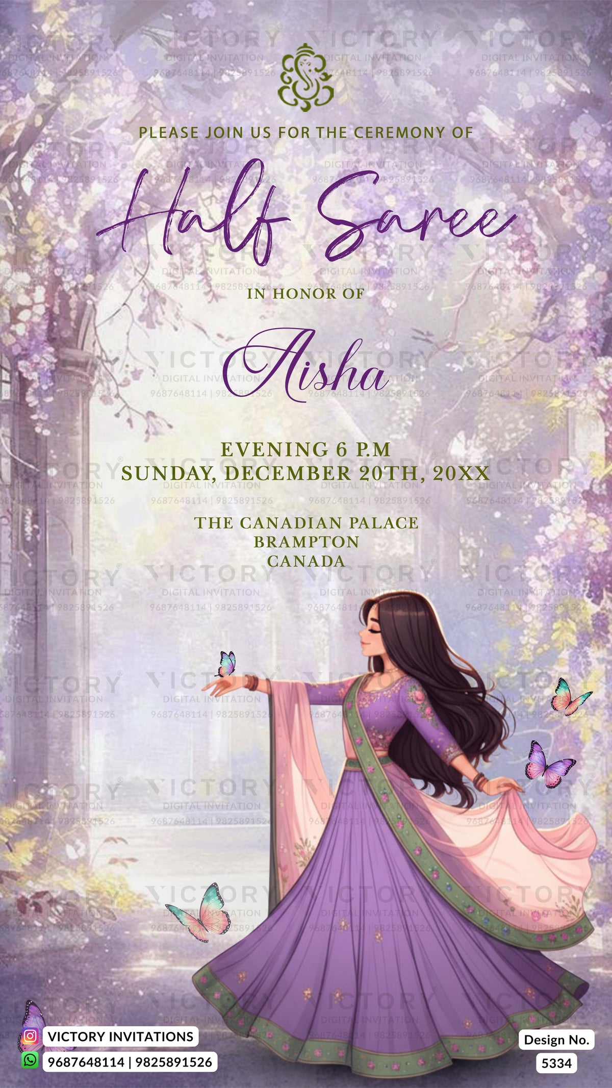 A digital invitation card for a 'Half Saree' ceremony, featuring a purple and pink traditional Indian dress with butterflies and a lavender floral background. The text details the event for Aisha on Sunday, December 20th, 20XX, at The Canadian Palace in Brampton, Canada, with Victory Invitations branding at the bottom.
