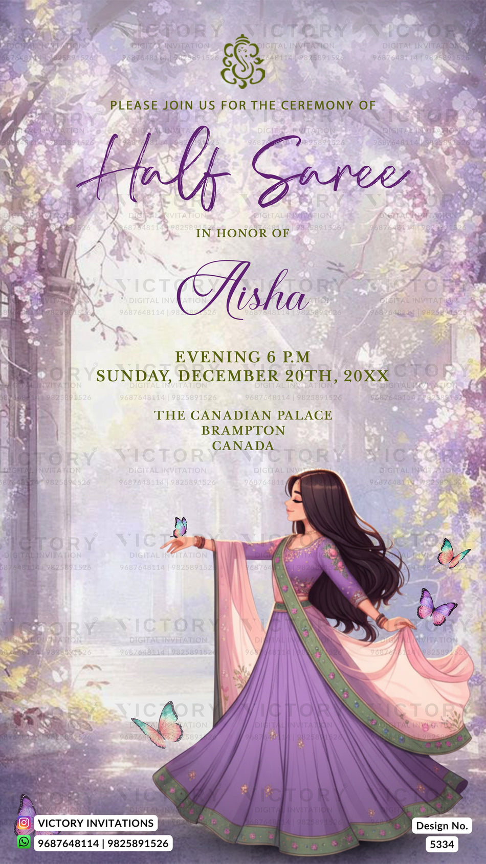 A digital invitation card for a 'Half Saree' ceremony, featuring a purple and pink traditional Indian dress with butterflies and a lavender floral background. The text details the event for Aisha on Sunday, December 20th, 20XX, at The Canadian Palace in Brampton, Canada, with Victory Invitations branding at the bottom.