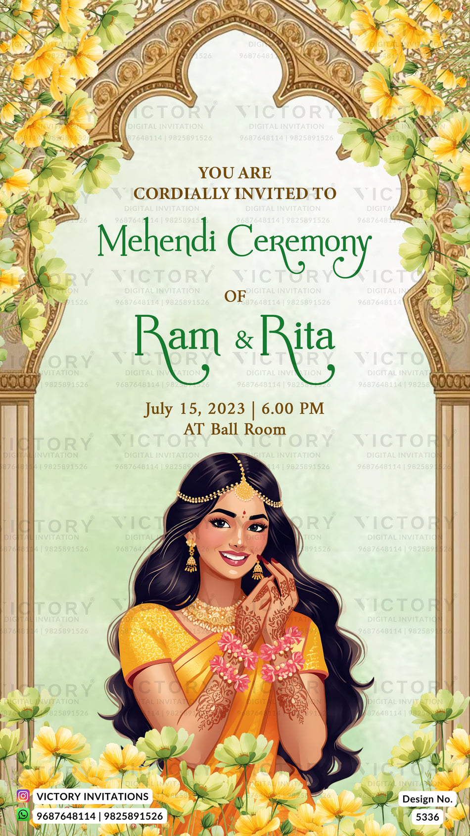 A digital invitation card for a Hindu Mehndi ceremony of Ram & Rita, featuring an illustration of a woman in a yellow sari surrounded by lotus flowers under an ornate archway. The text details the event date, time, and location, with 'Victory Invitations' watermarked across the background.