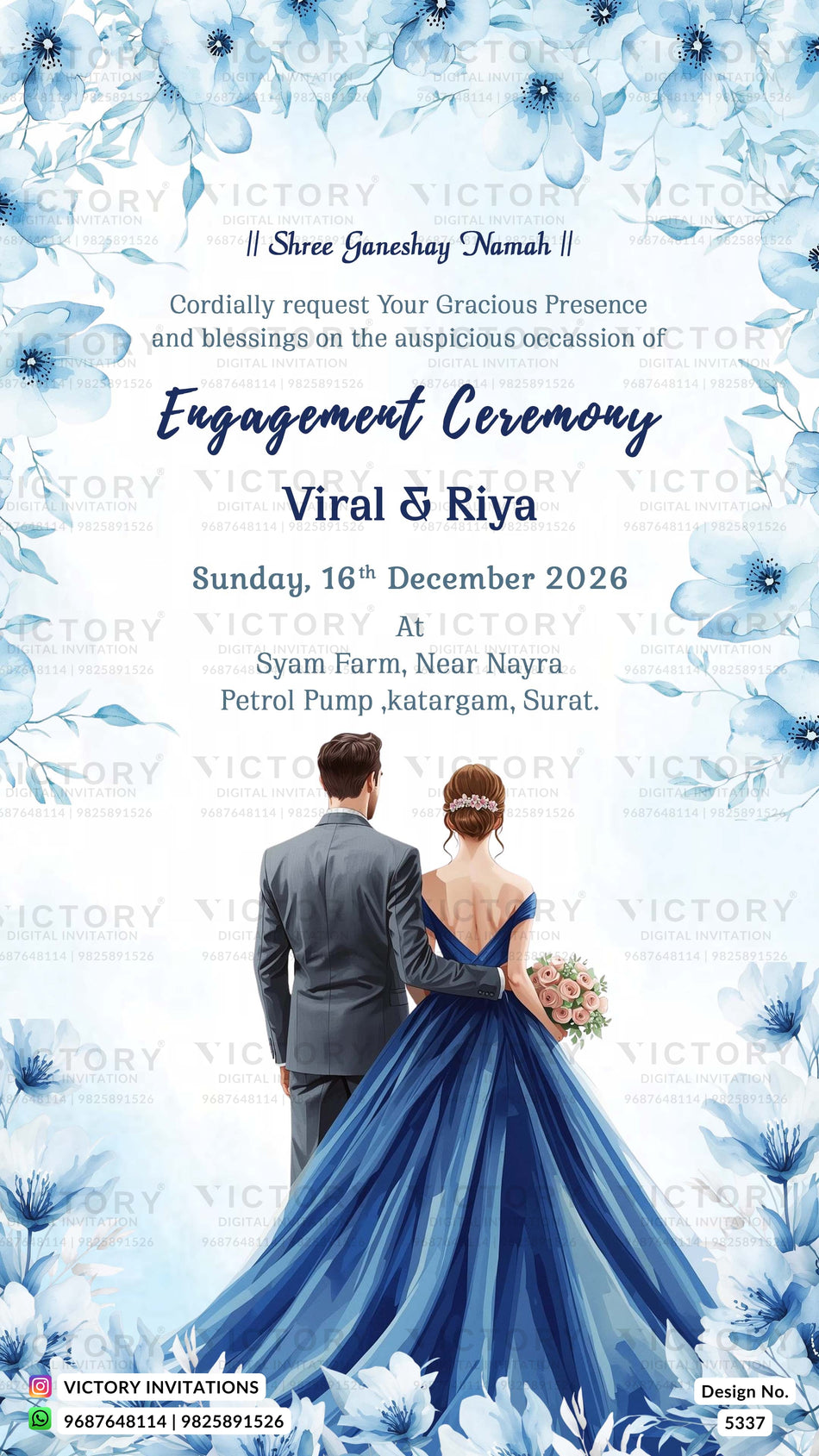 Engagement ceremony invitation card featuring a bride and groom from behind, with the groom in a gray suit and the bride in a flowing blue gown. The background is decorated with blue floral borders and text details for the wedding on Sunday, 16th December 2026 at Syam Farm, Near Nayra, Petrol Pump, Katargam, Surat.