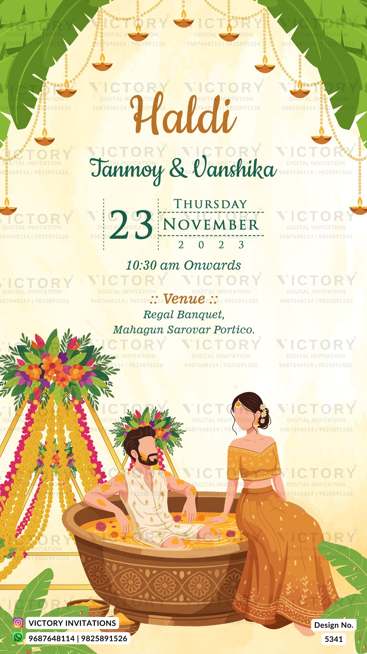 A festive Haldi invitation card design with illustrated characters sitting in a decorated pot, hanging lamps, floral garlands, and event text on a cream background.