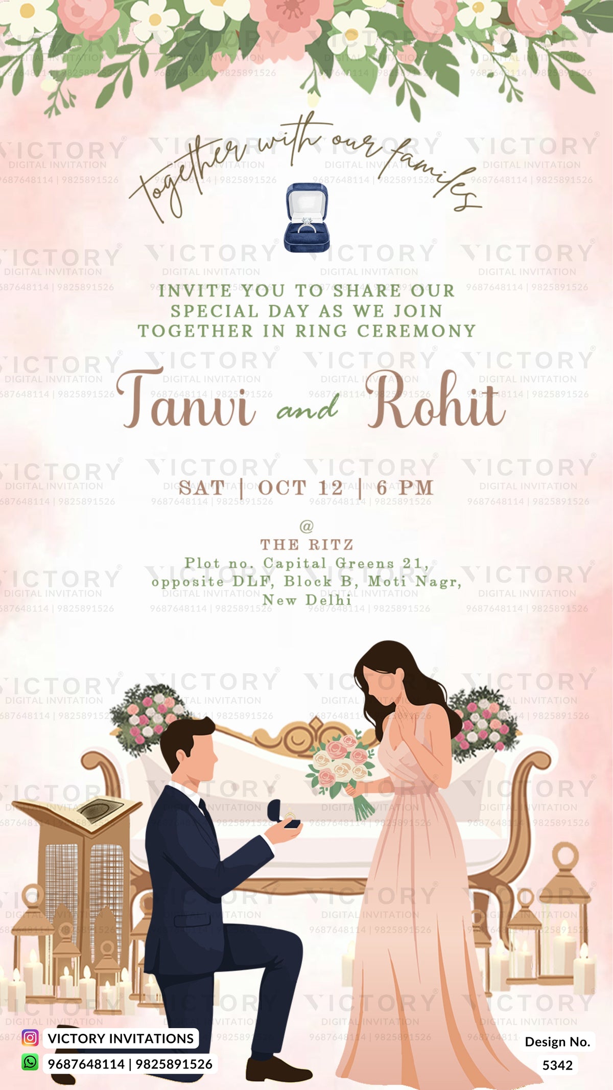 A floral and elegant wedding invitation card design featuring a pink and white background, watercolor-style flowers at the top, and an illustration of a man kneeling in a suit holding an engagement ring box with a bride in a pink gown below.