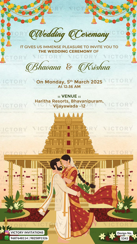 A digital Indian wedding invitation card design featuring a traditional Hindu temple illustration, a couple in wedding attire embracing, and festive garlands at the top. The text details the wedding ceremony of Bhavana and Krishna on Monday, 5th March 2025 at 12:36 AM at Harita Resorts, Bhavanipuram, Vijayawada - 12.