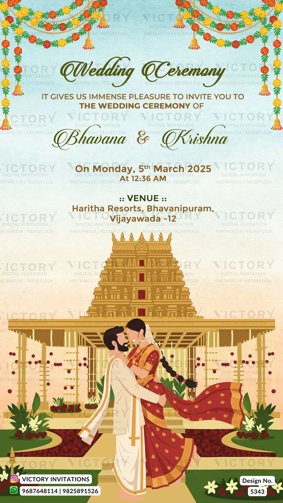 A digital Indian wedding invitation card design featuring a traditional Hindu temple illustration, a couple in wedding attire embracing, and festive garlands at the top. The text details the wedding ceremony of Bhavana and Krishna on Monday, 5th March 2025 at 12:36 AM at Harita Resorts, Bhavanipuram, Vijayawada - 12.