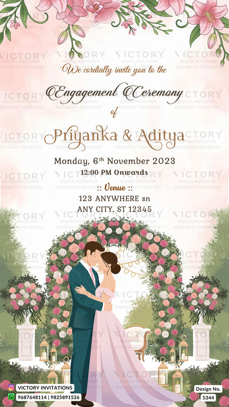 Engagement ceremony invitation card featuring a romantic illustration of a couple under a pink floral arch, with elegant text for Priyanka & Aditya and venue details.