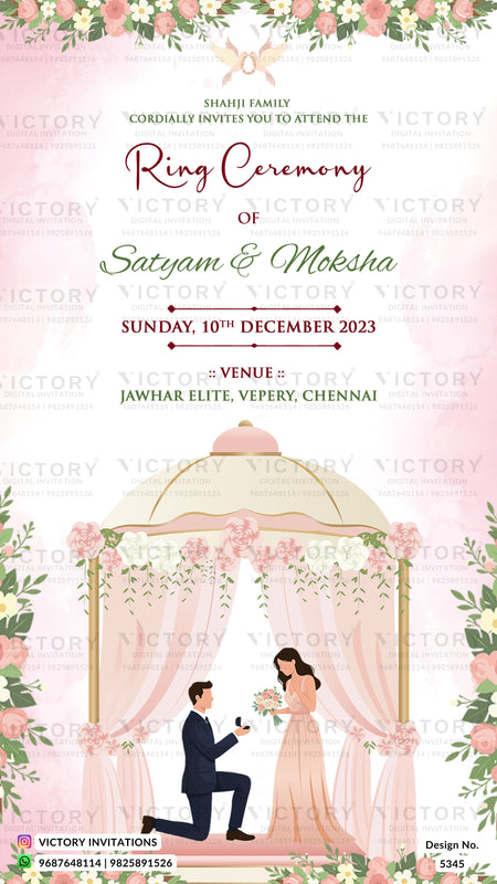 A wedding ring ceremony invitation card featuring a pink floral canopy illustration with a cartoon couple under a decorated pavilion, surrounded by pink roses and green leaves. The text reads: 'Shaasi Family cordially invites you to attend the Ring Ceremony of Satyam & Moksha, Sunday, 10th December 2023, at Jawhar Elite, Vepery, Chennai.