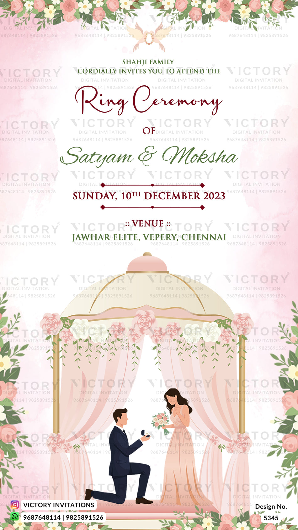 A wedding ring ceremony invitation card featuring a pink floral canopy illustration with a cartoon couple under a decorated pavilion, surrounded by pink roses and green leaves. The text reads: 'Shaasi Family cordially invites you to attend the Ring Ceremony of Satyam & Moksha, Sunday, 10th December 2023, at Jawhar Elite, Vepery, Chennai.