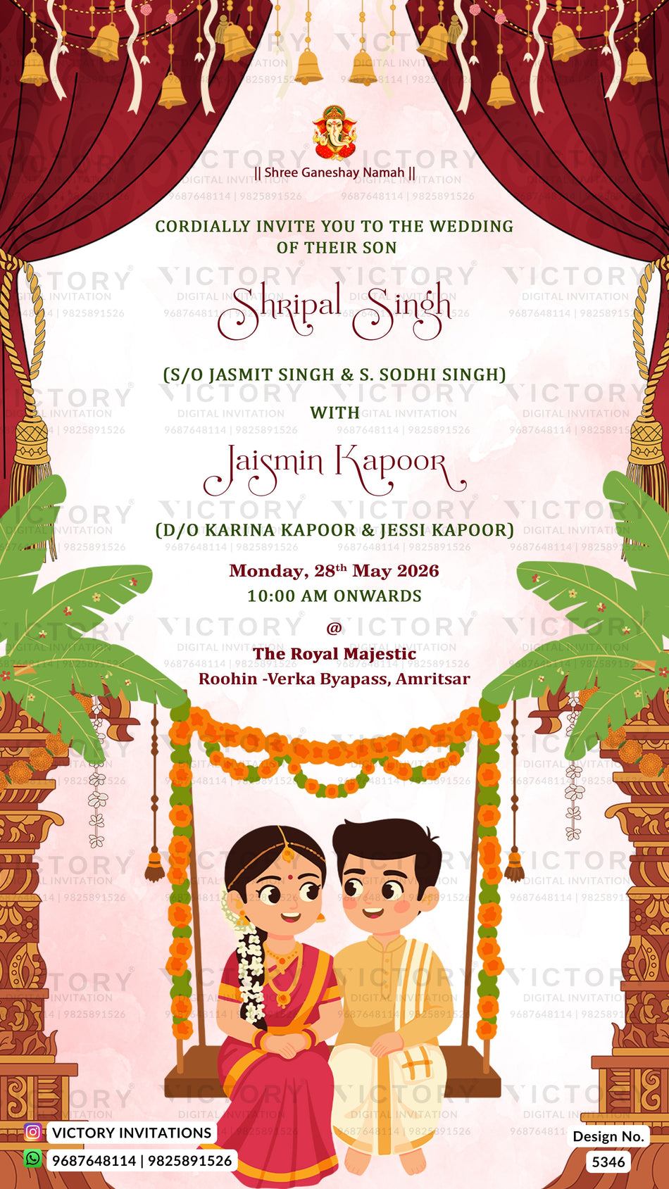 A digital Indian wedding invitation card featuring a festive design with red curtains, green palm leaves, marigold garlands, and cartoon illustrations of a bride and groom sitting on traditional wooden swing chairs (kaals). The text details the wedding of Shripal Singh with Jasmin Kapoor.
