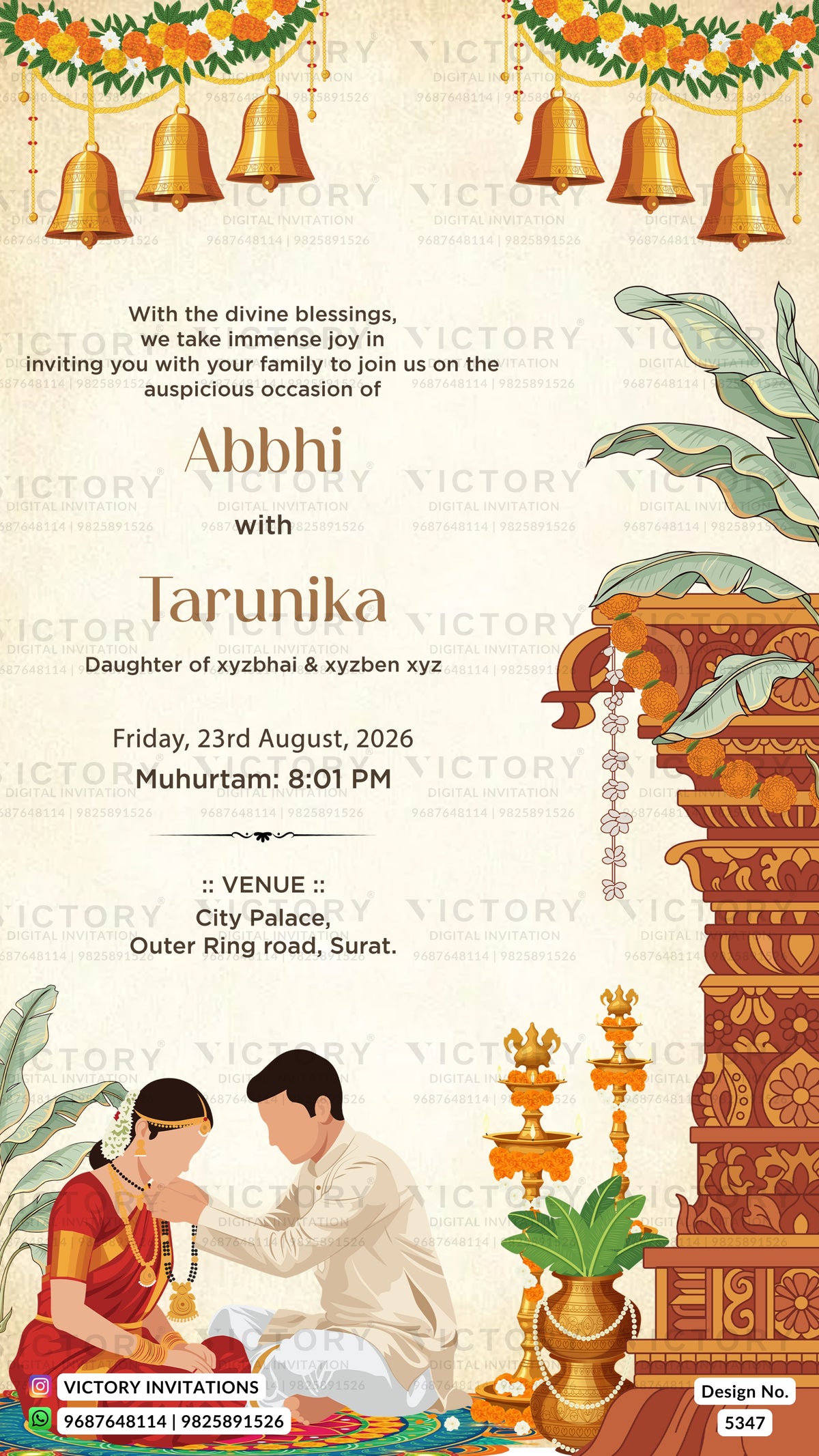 A festive Indian wedding invitation card featuring traditional illustrations, hanging brass bells, marigold garlands, a decorated temple pillar, and a seated couple in traditional attire on a cream background with a subtle watermark pattern.