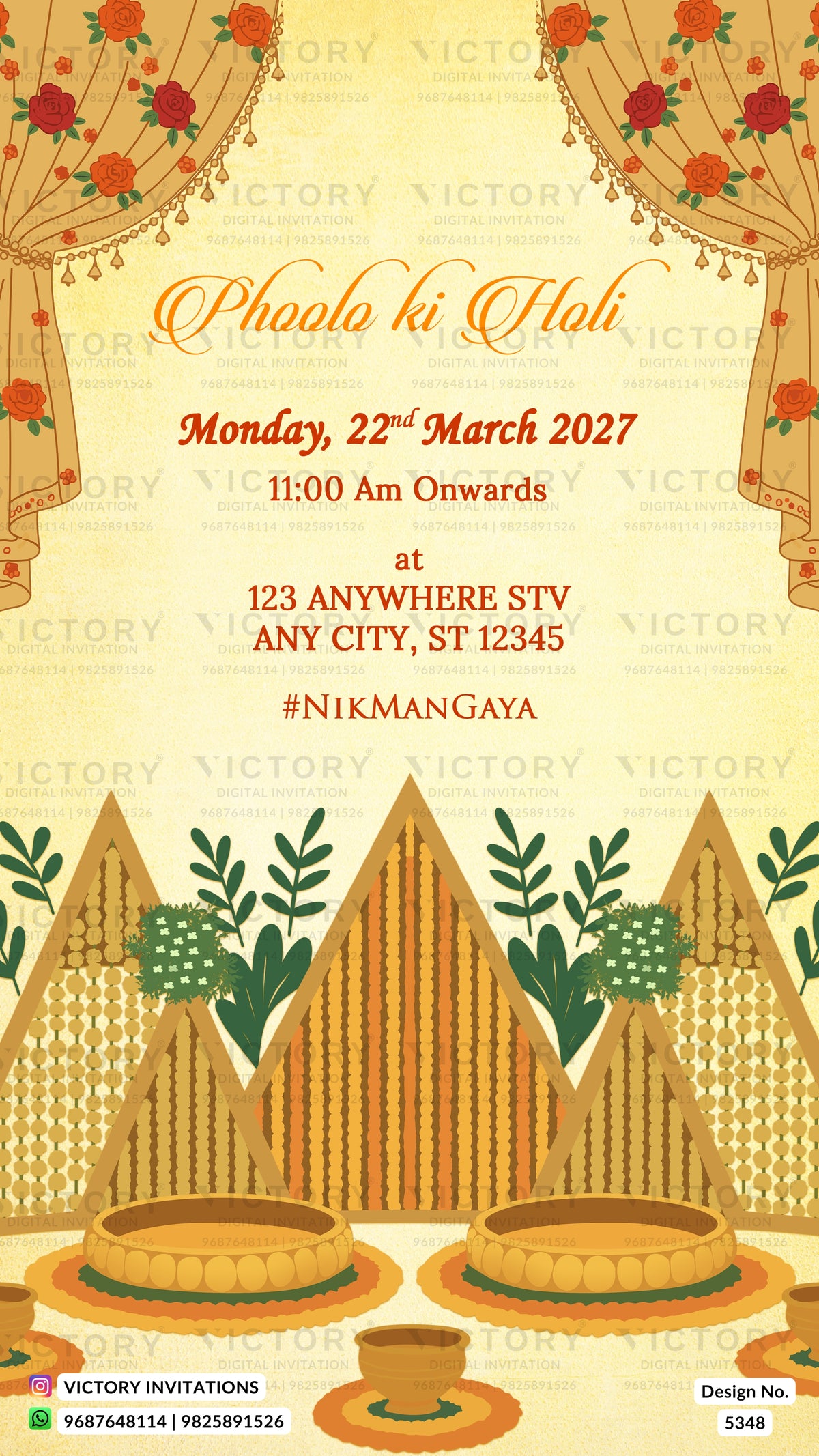 A festive Indian 'Phoolo ki Phali' wedding invitation card design by Victory Invitations, featuring traditional motifs like hanging orange flowers, patterned drapes, decorated pyramids, and traditional clay pots on a warm beige background.