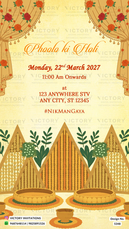 A festive Indian 'Phoolo ki Phali' wedding invitation card design by Victory Invitations, featuring traditional motifs like hanging orange flowers, patterned drapes, decorated pyramids, and traditional clay pots on a warm beige background.