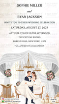 Wedding ceremony invitation card of hindu Minimalist White Canopy & Chandelier in english language with floral theme design 5349