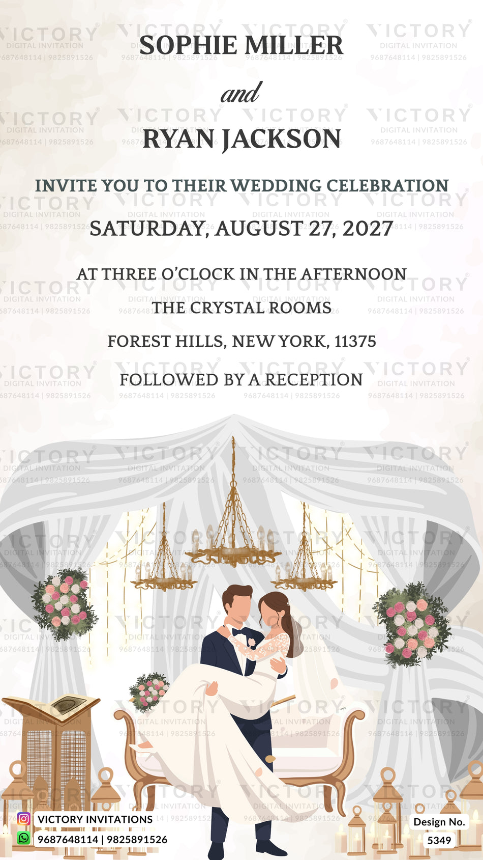 Wedding ceremony invitation card of hindu Minimalist White Canopy & Chandelier in english language with floral theme design 5349