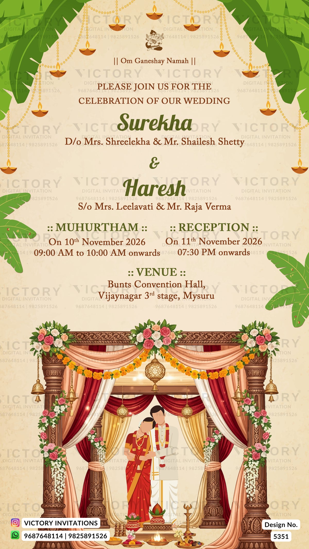 A digital Indian wedding invitation card featuring a traditional Thandi (drum circle) design. The card has a warm beige background with a central illustration of a decorated arch decorated with red and gold drapes, a bride and groom in traditional wedding attire, and hanging brass oil lamps (oil lamps) at the top.