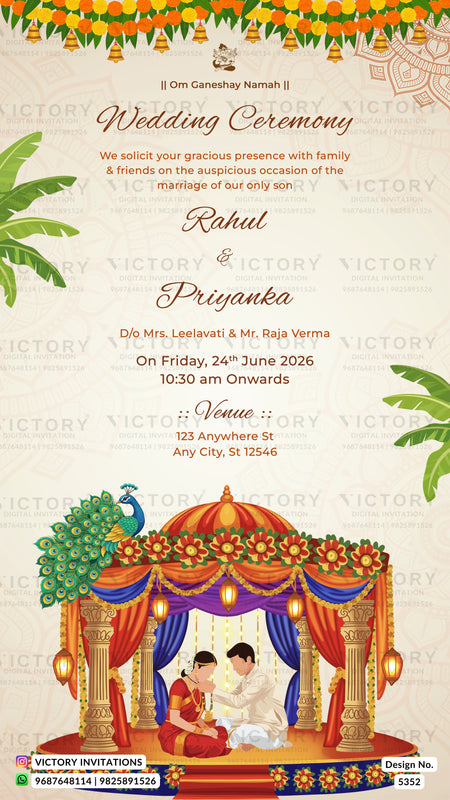 A digital wedding invitation card featuring a traditional Indian theme. The top half has elegant gold and brown text on a cream background with a decorative garland border.