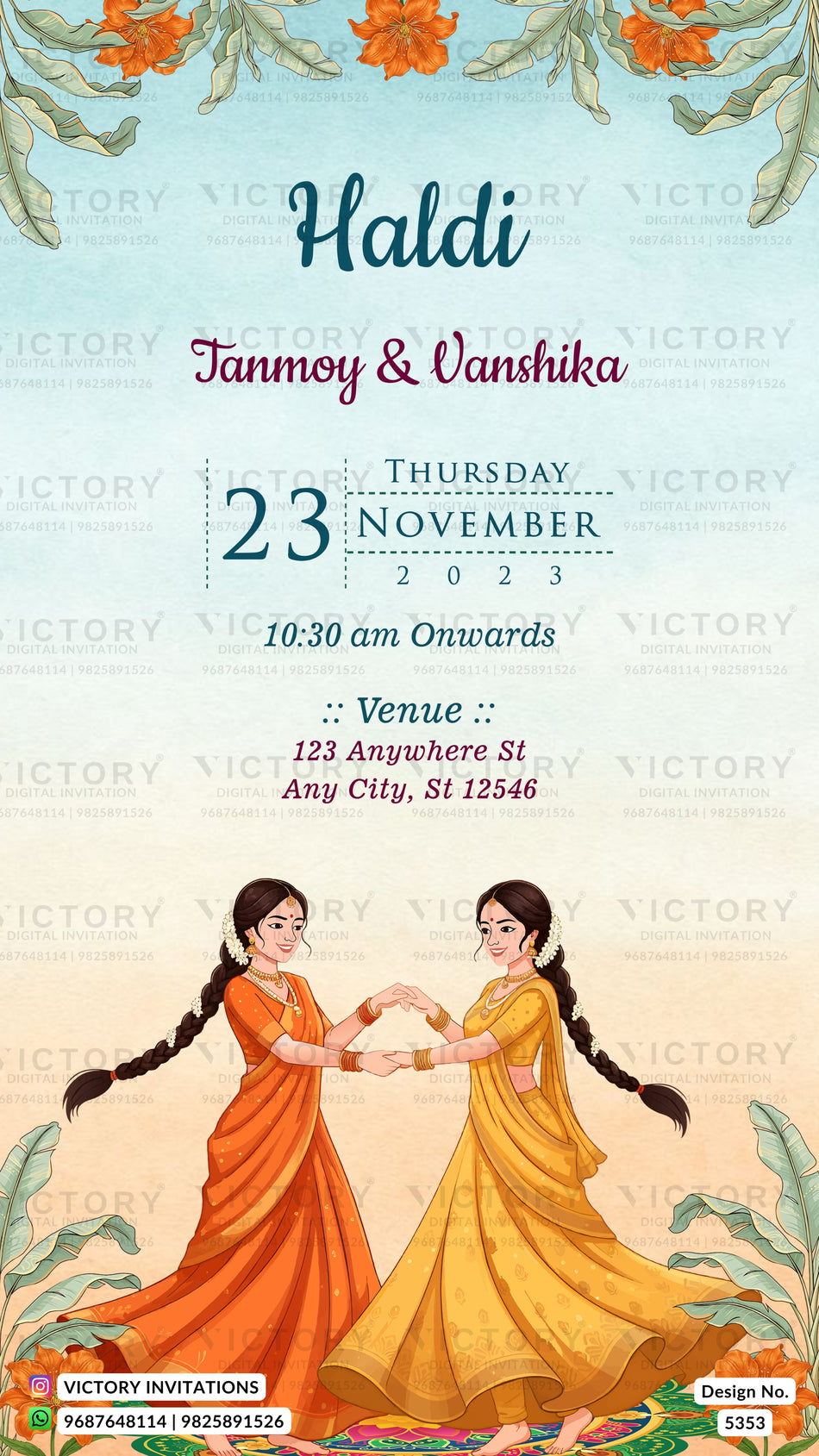 A digital invitation card for a Hindu wedding featuring the names 'Haldi Tanmoy & Vanshika' and event details, with an illustration of two women in orange and yellow traditional dresses forming a circle of hands at the bottom.
