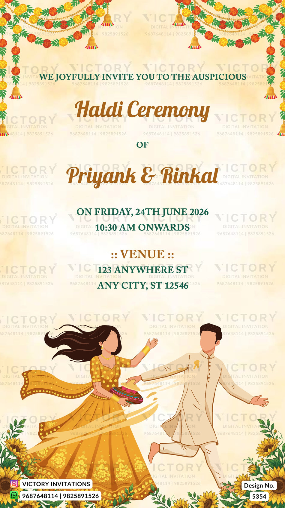 A festive Haldi Ceremony invitation card with a warm beige background, decorated with orange and green garlands, yellow flowers, and illustrations of a dancing couple in traditional Indian attire. The text details the event for Priyank & Rinkal, dated June 24th, 2026, at 123 Anywhere St, Any City, ST 12546.